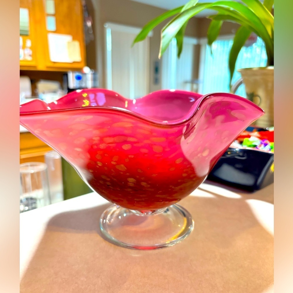 Art Glass cranberry/pink Footed Compote Ruffled w/gold flecks.